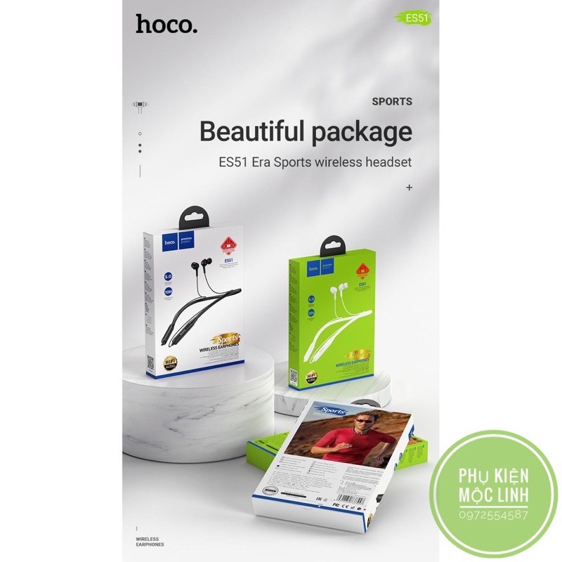 Tai nghe bluetooth thể thao choàng cổ Hoco ES51 Graceful Wireless 5.0 - Nghe nhạc đàm thoại 3h liên tục không dây Sport