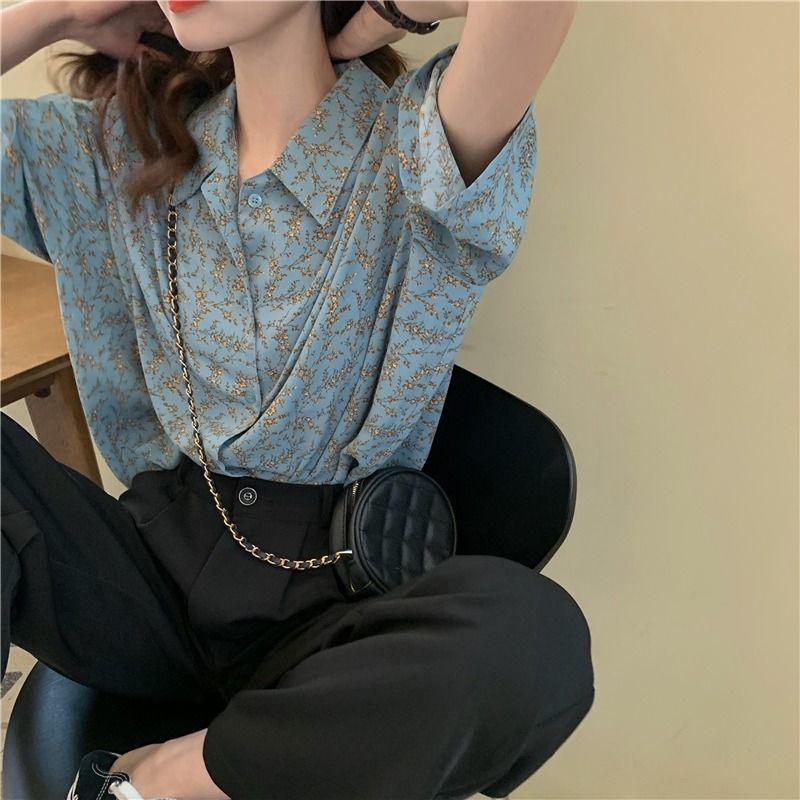 Áo sơ mi RENJIANVSHENG tay ngắn dáng rộng in họa tiết hoa phong cách Hàn Quốc trẻ trung dành cho nữ