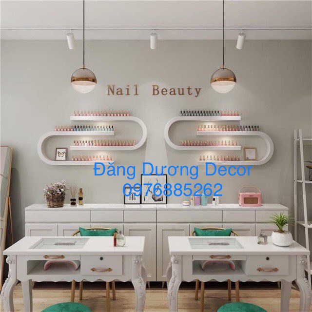 Kệ NAIL U- S màu trắng có Gắn đèn LED sáng lấp lánh - trang trí phòng nail-spa