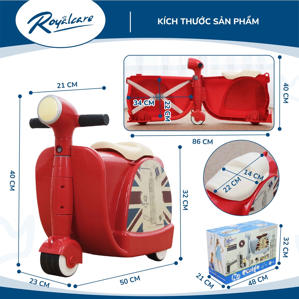 Vali kéo kiêm xe chòi chân Vespa cho bé đựng quần áo, đựng đồ chơi, đồ dùng Royalcare