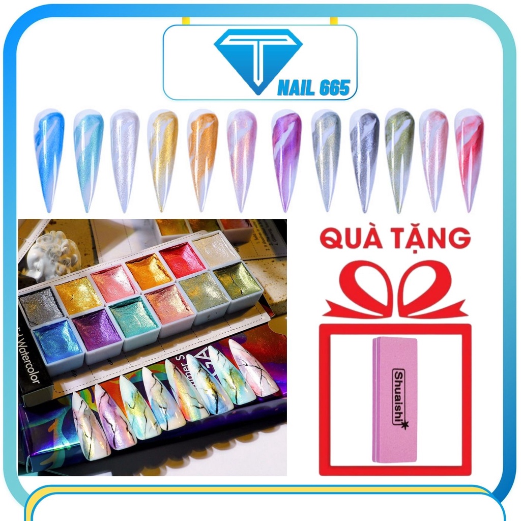 Sét màu nước gel vẽ nail 12 ô dạng khô nén vẽ hoa tạo vân đá , Sét vẽ nail siêu đặc