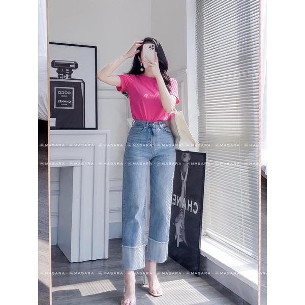 QUẦN JEAN NỮ DÁNG SUÔNG MÀU XANH GẬP GẤU
