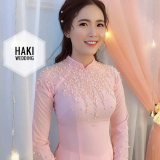 Áo dài lụa màu hồng đính hạt( ảnh thật)
