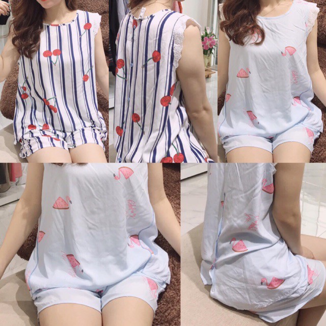 Sét lanh lụa siêu cute áo tay pha ren lưng xẻ cài cúc + quần đùi bán sỉ