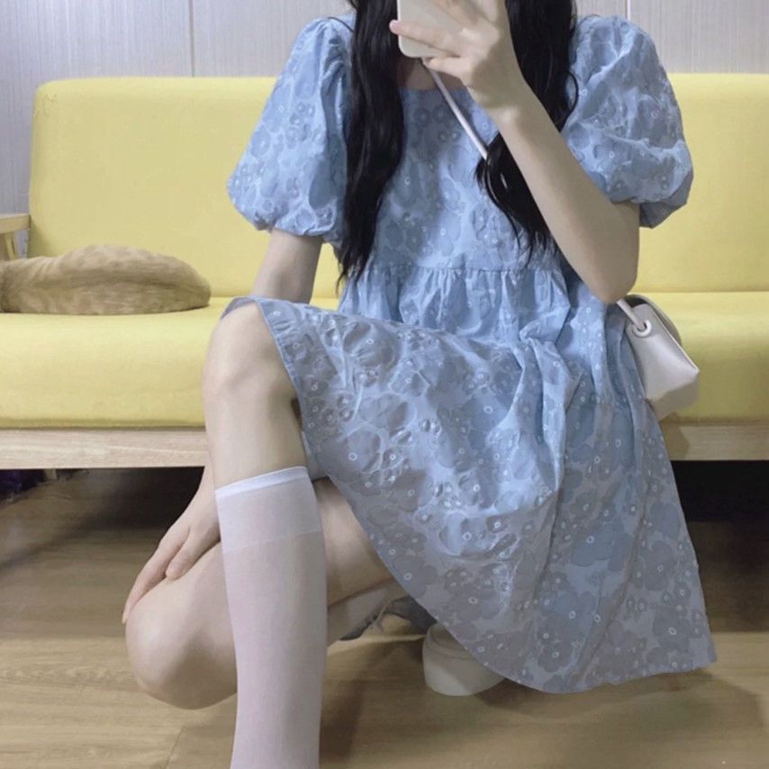 🎀váy babydoll Đầm Công Chúa Tay Phồng Cổ Vuông Màu Xanh Dương Ngọt Ngào Thời Trang Mùa Hè 2022 Phong Cách Mới Cho Nữ