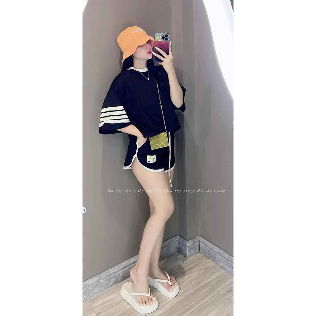 Set đồ bộ nữ thể thao chất thun gân co dãn họa tiết sọc ở tay trẻ trung năng động