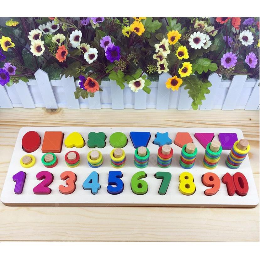 Giáo Cụ Montessori Cột Tính Học Đếm Và Hình Khối 2 Trong 1 Bằng Gỗ - Tặng Ghép Hình 9 Mảnh