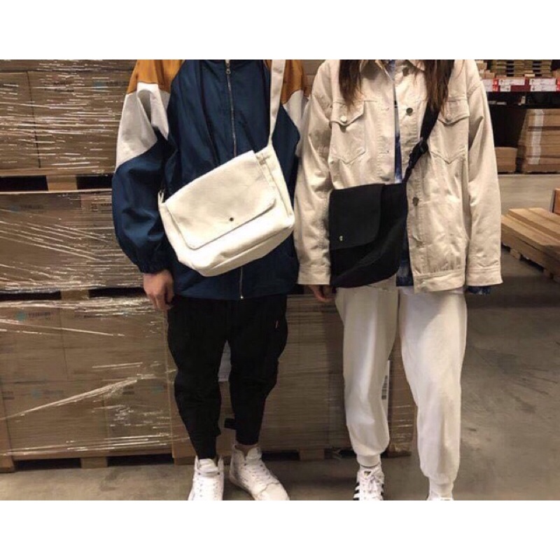 TÚI TOTE ĐEO CHÉO UNISEX NAM NỮ - VẢI DỆT CANVAS [ CÓ TÚI CON] MÀU BE - ĐEN - PHONG CÁCH ULZZANG