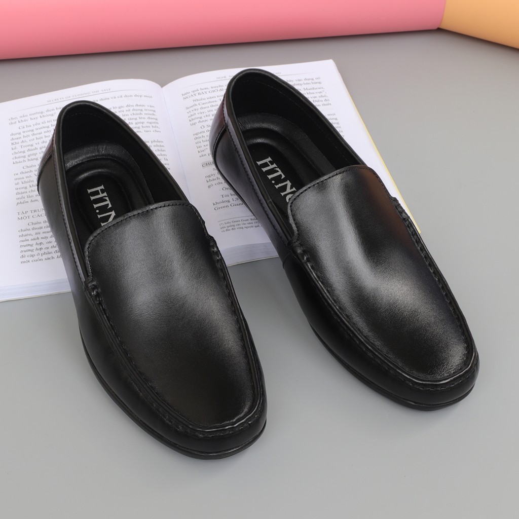 Giày lười nam da bò màu đen, giày mọi nam đế cao su - NeO3988de