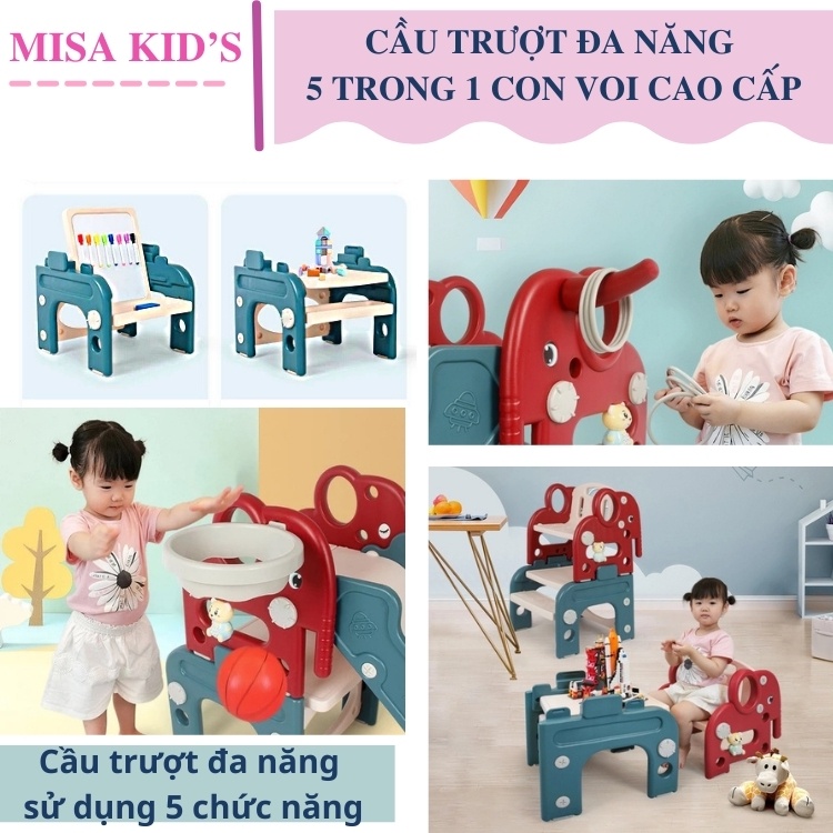 Cầu trượt cho bé cao cấp hình voi con đa năng 5 trong 1 cho bé, cầu tuột cho bé,bóng rổ cho bé