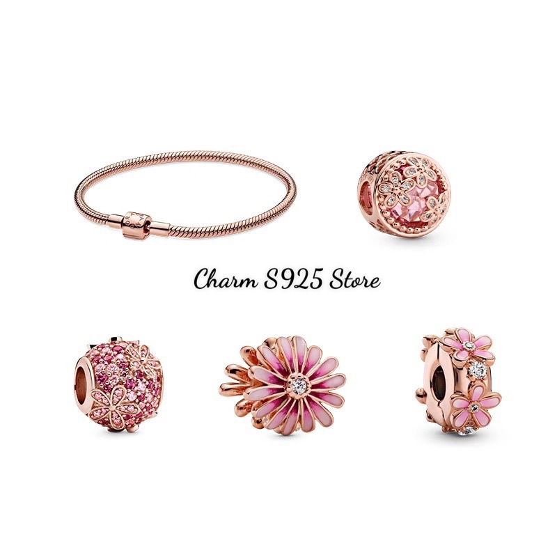 combo bộ vòng tay mềm Ale mix 5 hạt charm pan hoa cúc màu hồng bạc s925 cao cấp