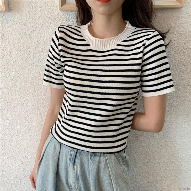 Áo Thun Tay Ngắn Cổ Tròn Họa Tiết Kẻ Sọc Phong Cách Hàn Quốc Thời Trang Cho Nữ