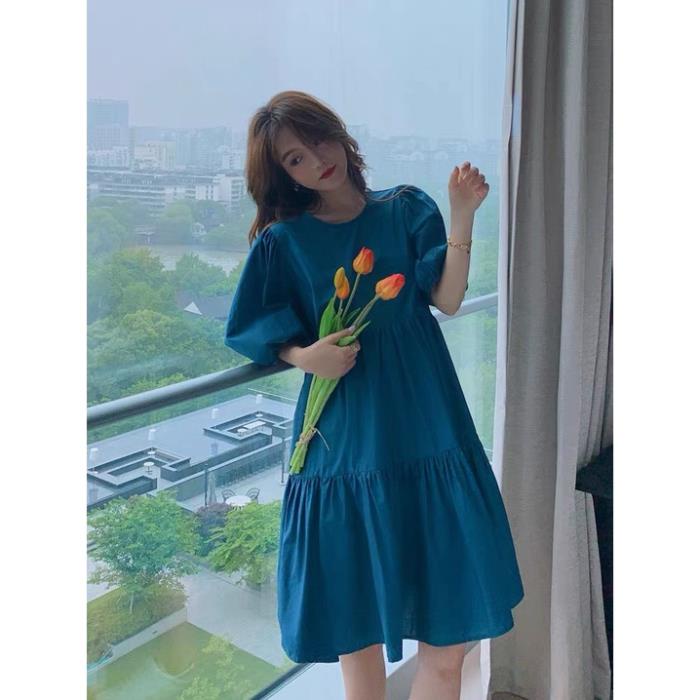 Váy bầu dáng suông tay bồng xanh mát mịn- Mjnha Style - Quần áo cho người có Thai