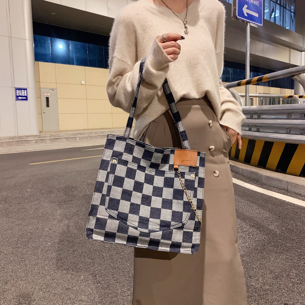 Túi tote đeo chéo nữ vải jean phong cách Ulzzang Hàn Quốc đi chơi, đi làm kẻ caro thời trang