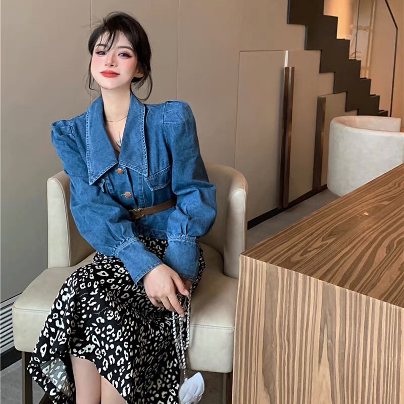 Set áo bò denim mix chân váy dáng dài kèm thắt lưng (Ảnh thật + Video cuối bài)