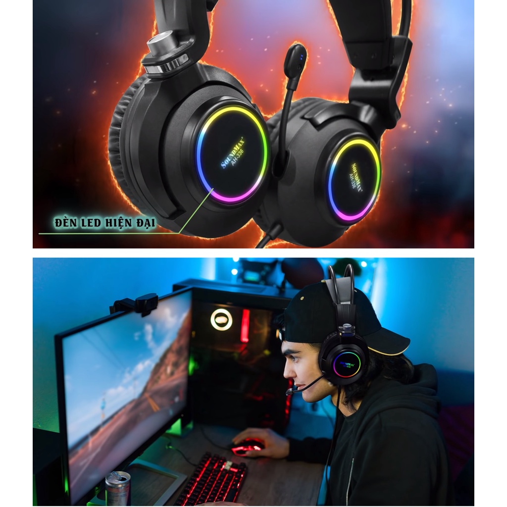 Tai nghe gaming chụp tai 2 chân cắm LED RGB hiện đại SOUNDMAX AH-336