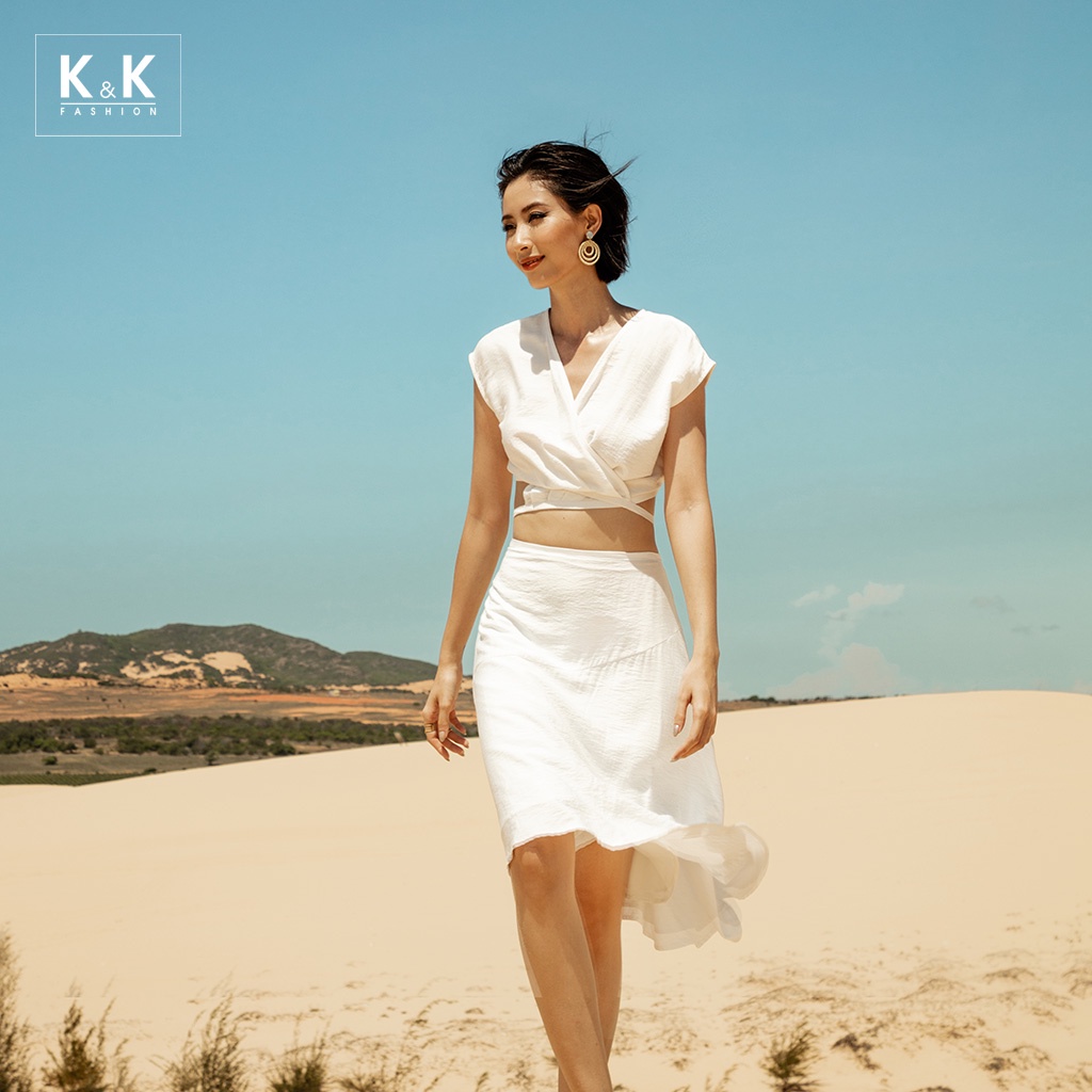 Áo Croptop Trắng K&amp;K Fashion ASM06-08 Kiểu Đắp Chéo Sát Nách Chất Liệu Đũi Xô