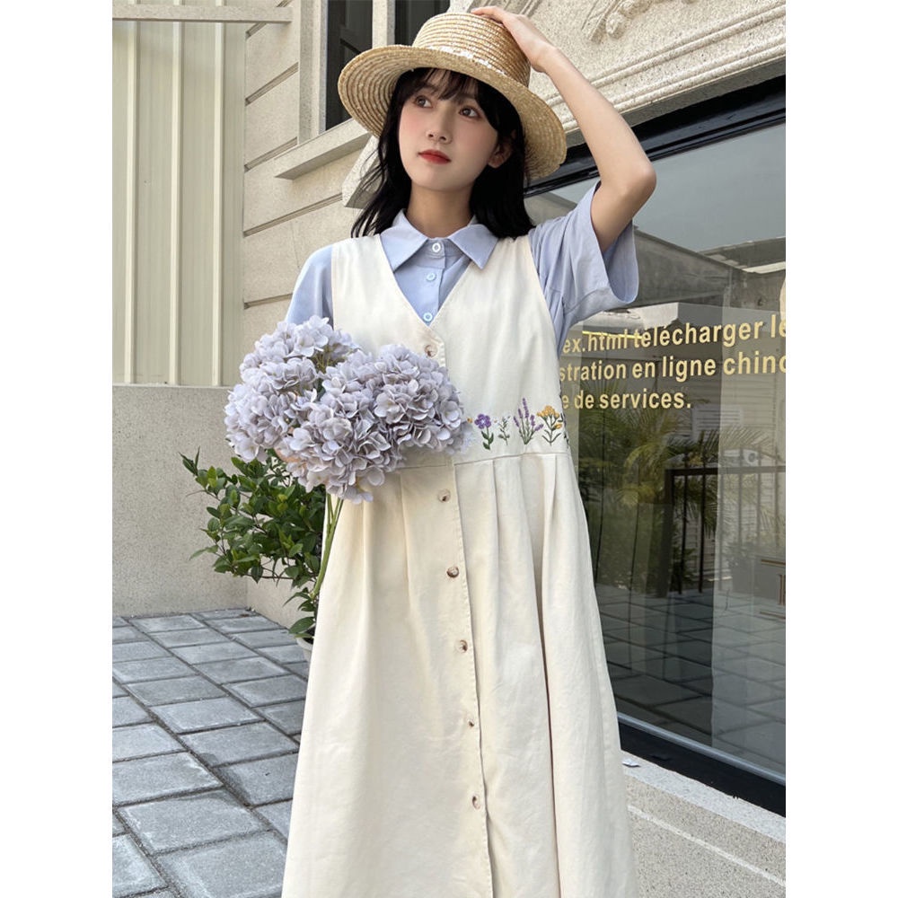 Đầm Ngắn Tay Cổ Chữ V Thêu Họa Tiết Phong Cách Hàn Quốc Cho Nữ