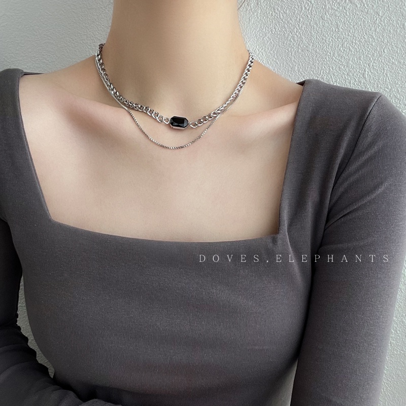 Vòng cổ hai lớp bằng thép titan màu đen đính đá phong cách hip hop đường phố