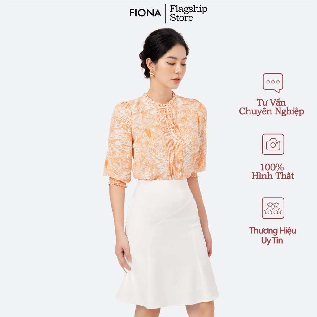 Áo Sơ mi suông cổ tròn kẹp bèo bấu mí dọc nẹp đính dây nơ tay lỡ nhún chạy chỉ chun FIONA F551282