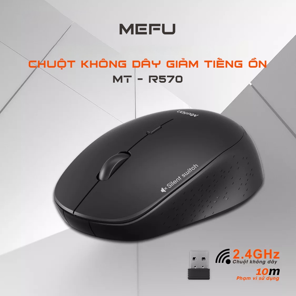 Chuột không dây Meetion R570 Silent chính hãng - Giảm ồn, USB 2.4Ghz, DPI 1600, khoảng cách 10m - Bảo hành 2 năm