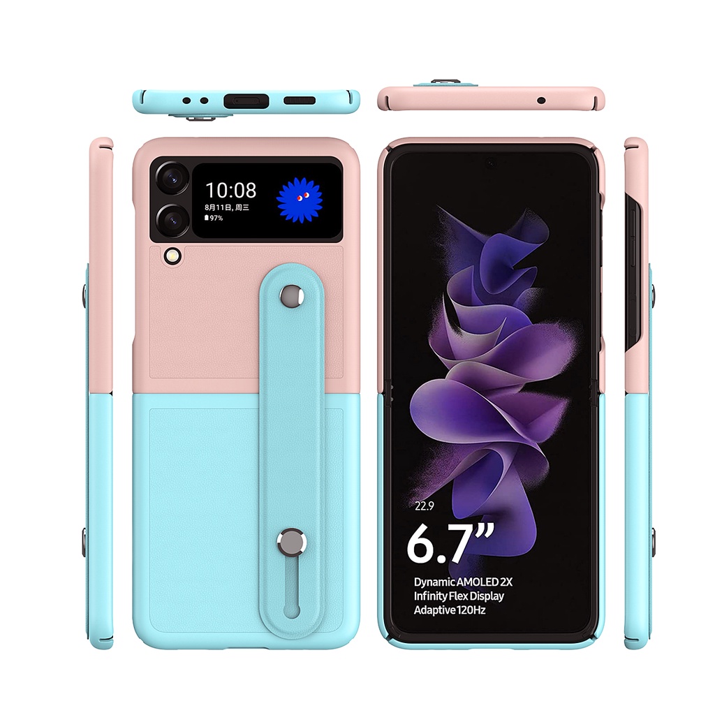 Bao Da Điện Thoại Nắp Lật Phối Màu Tương Phản Có Dây Đeo Tay Cho Samsung Galaxy Z Flip 3 Flip 4 Z Flip4 Flip3 5G