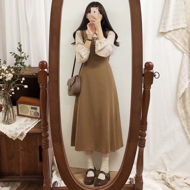 [ORDER] (ORDER) Váy yếm xòe dài Vintage Hàn dọc khuy thắt eo Hàn Quốc Có ảnh thật