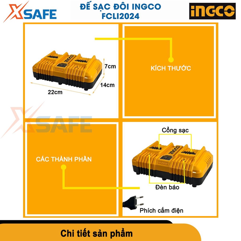 Đế sạc pin đôi siêu nhanh INGCO FCLI2024 điện áp đầu ra 21V, dòng điện 4Ah, sạc pin 2Ah 30p, pin 4Ah 1h[CHÍNH HÃNG]