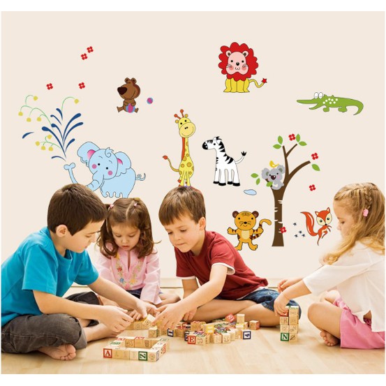 Decal trang trí Voi xanh và các bạn cùng vui chơi ( Kèm Video thật )