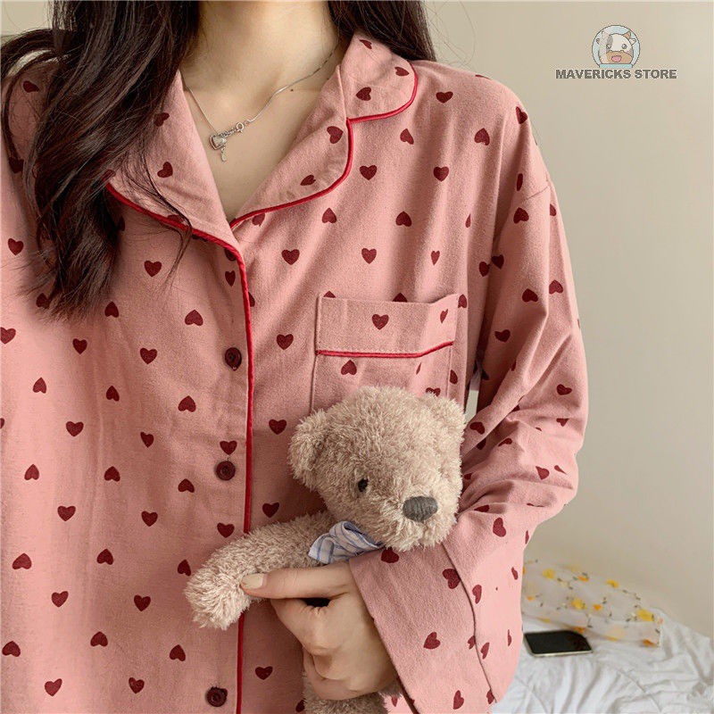 Bộ đồ ngủ quần dài tay dài cổ bẻ họa tiết trái tim xinh xắn thời trang thu đông Hàn Quốc cho nữ