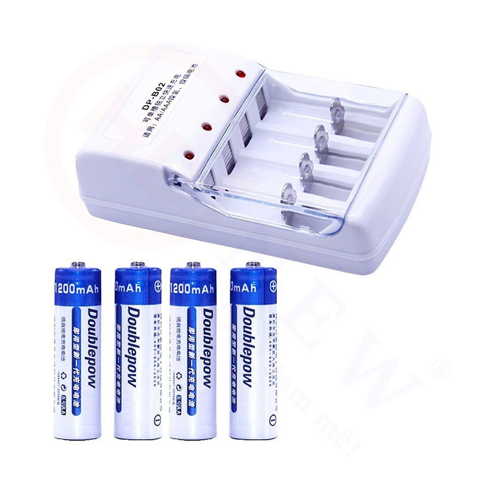 Bộ Sạc Pin + 4 Viên Pin Tiểu AA 1200mAh - 3000 mAh Doublepow  chuyên cho Micro Không Dây, Thiết Bị Điện Tử