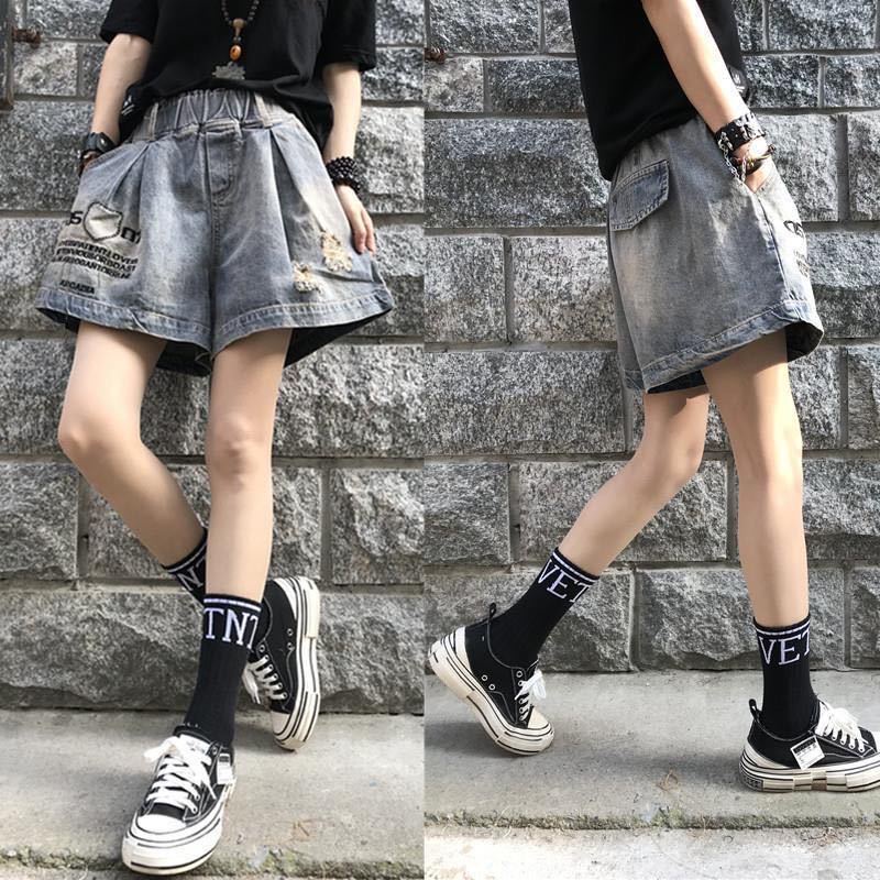 Quần Short Denim Chữ A Rách Gối Dáng Rộng Cỡ Lớn Thời Trang Châu Âu Cho Nữ