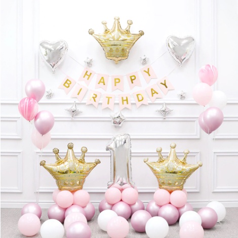 Set bong bóng trang trí sinh nhật HAPPY BIRTHDAY vương miện to vàng