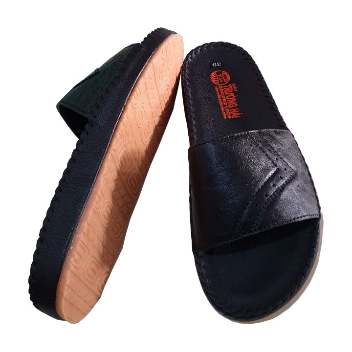 Dép nam quai ngang da bò màu nâu đế cao 3cm Trường Hải may viền chắc chắn DDN134