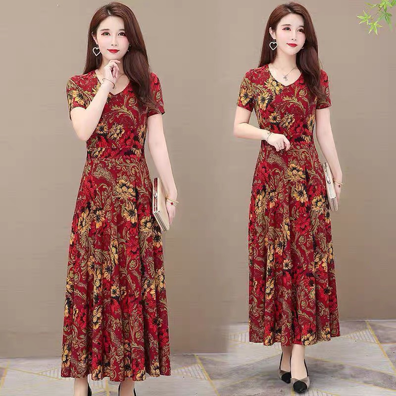 Váy Đầm cho người lớn tuổi Họa Tiết Dáng Dài V4a - Thời trang trung niên cho mẹ trung tuổi U40 U50 đẹp giá rẻ Bigsize