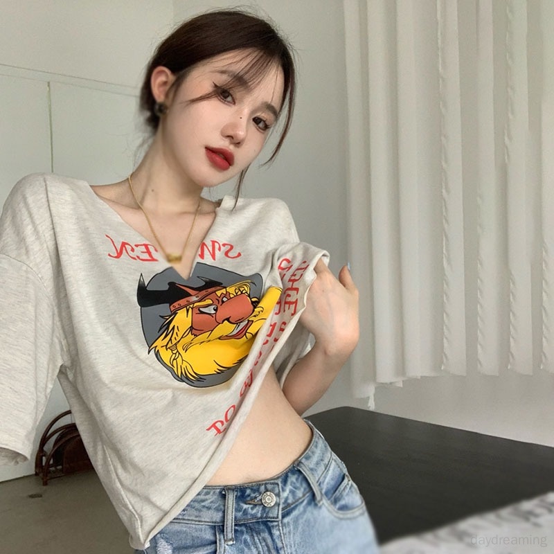 Áo Thun Croptop Tay Ngắn Cổ Chữ V In Họa Tiết Hoạt Hình Phong Cách Retro Hàn Quốc Cho Nữ
