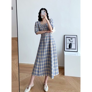 (Oder)ĐẦM CÔNG CHÚA caro cổ vuông đầm dáng xòe