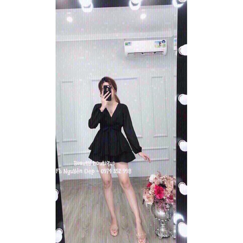 Đầm xòe hai tầng cổ tim tay dài dễ thương