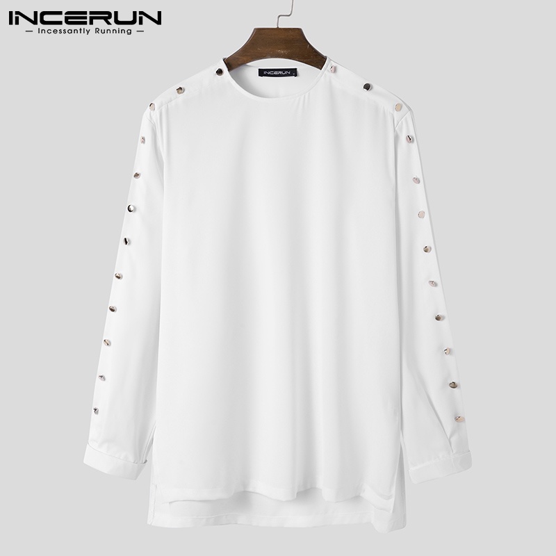 Áo thun INCERUN dài tay dáng rộng xẻ tà bên hông phối khóa thời trang cho nam