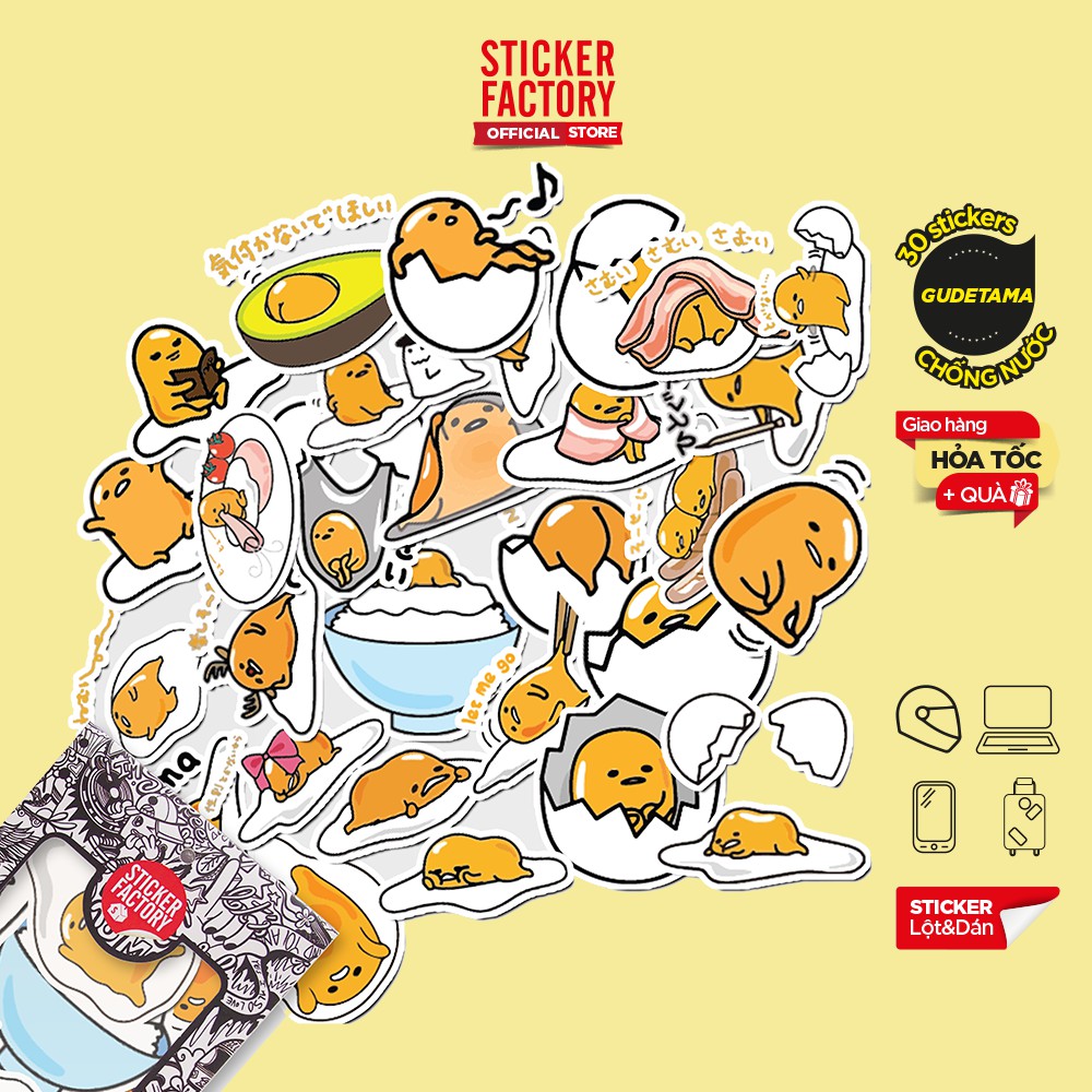 Hộp set 30 sticker decal hình dán nón bảo hiểm , laptop, xe máy, ô tô STICKER FACTORY - Trứng lười Gudetama