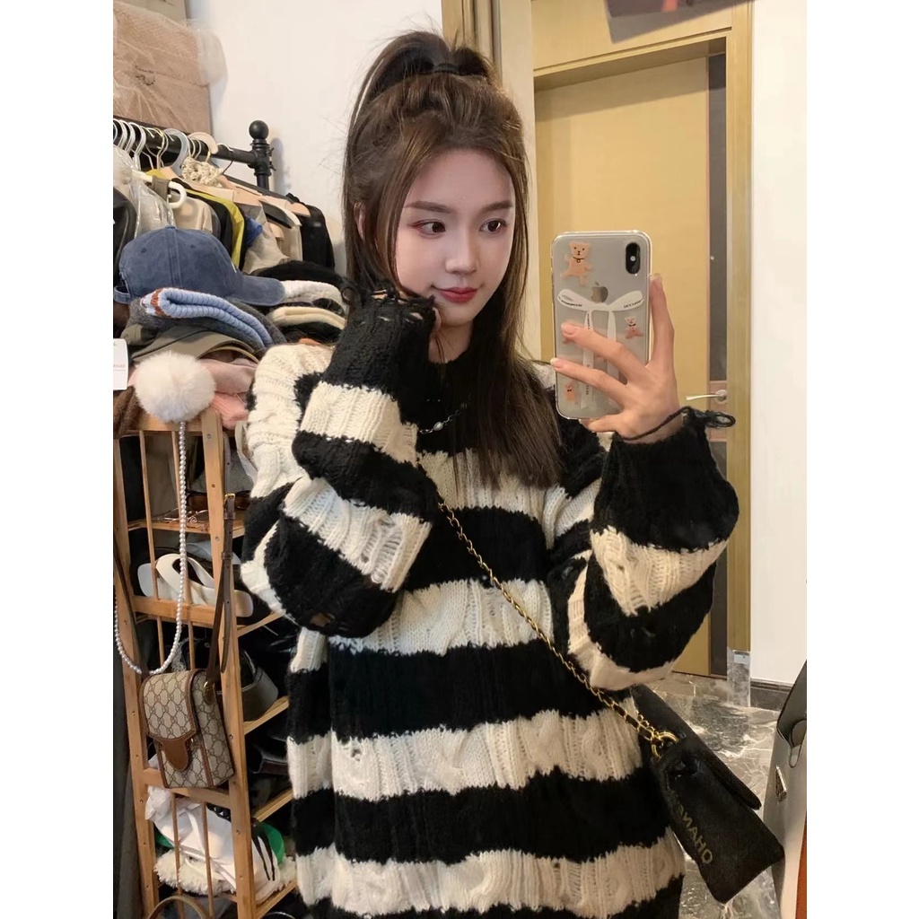 ZHELIHANGFEI Áo Len Tay Dài Form Rộng Họa Tiết Sọc Theo Phong Cách Preppy