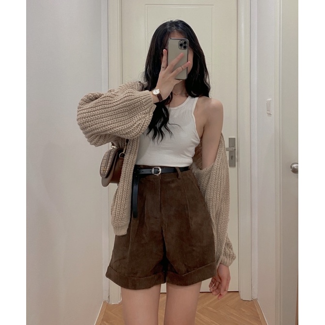 Quần short nhung cạp cao kèm đai Audrey 3972