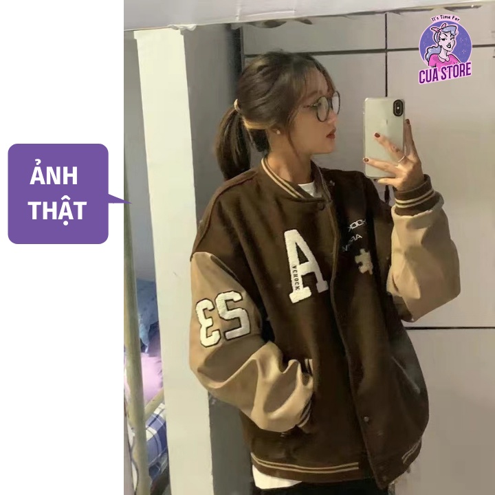 Áo khoác Bomber bóng chày chất DẠ tay DA và 1 loại chất KAKI màu nâu Vintage hàng Quảng Châu chất siêu đẹp