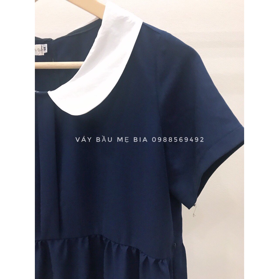 Váy bầu bigsize 40-100kg Váy Bầu Công Sở, Đầm Bầu Babydoll Xanh Than Phối Cổ Sen Trắng [Video + ảnh thật MB245