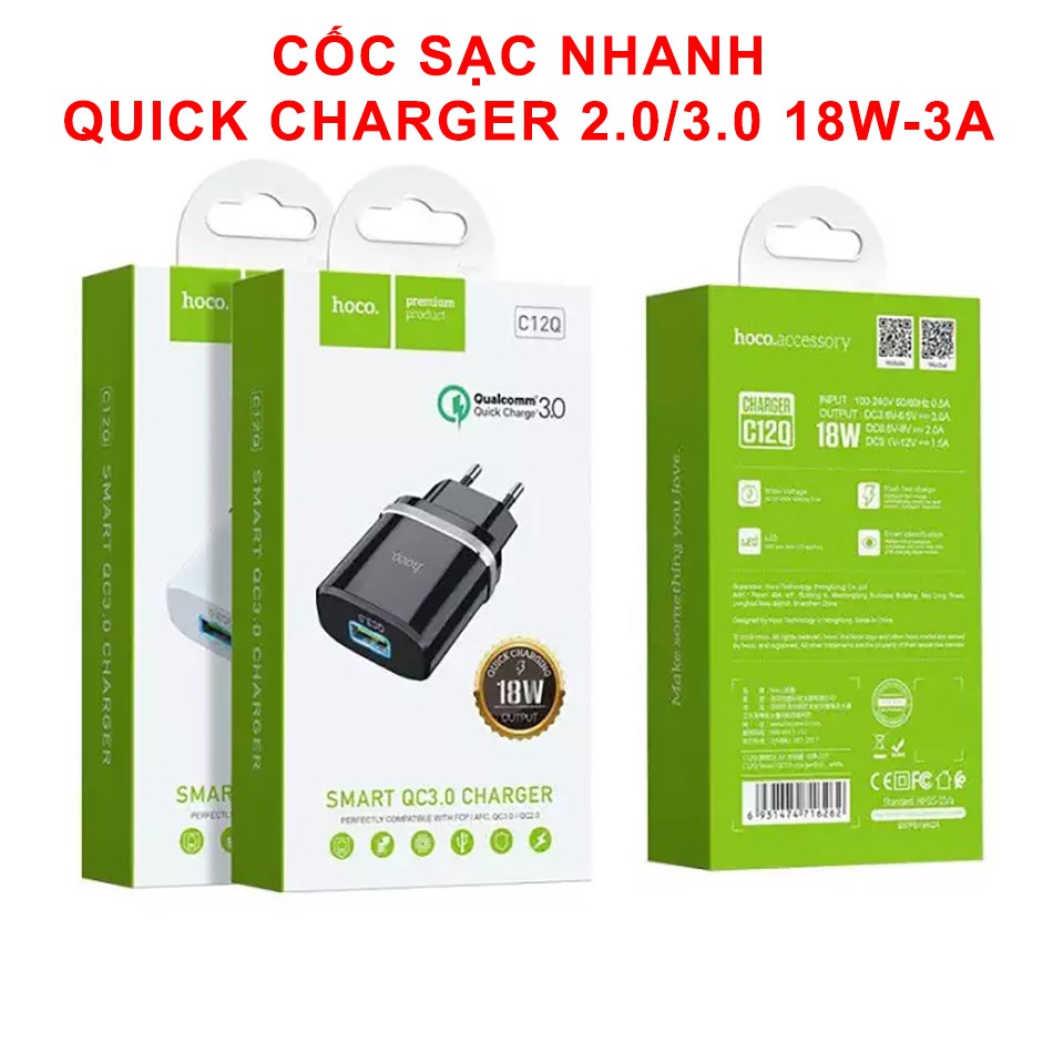 Cốc Sạc Nhanh IPhone 12 Pro Max Chính Hãng 18W Hoco C12Q Củ Sạc Nhanh Điện Thoại Cổng USB Cho Samsung Android-Chính Hãng