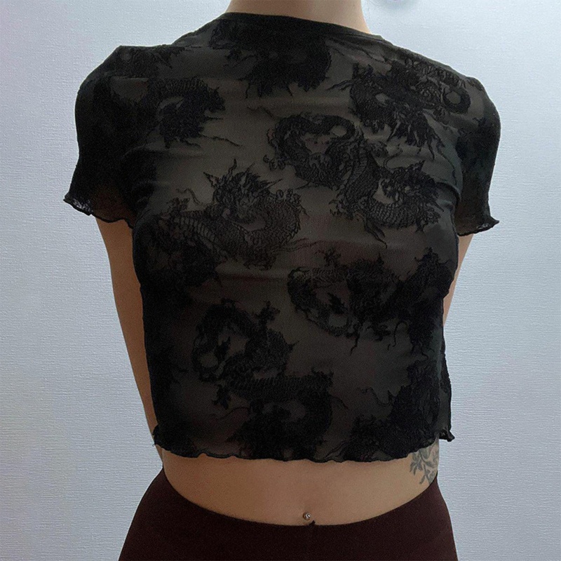 Áo Thun Crop Top Tay Ngắn Phối Lưới Xuyên Thấu In Hình Rồng Phong Cách Punk Cổ Điển Thời Trang Cho Nữ