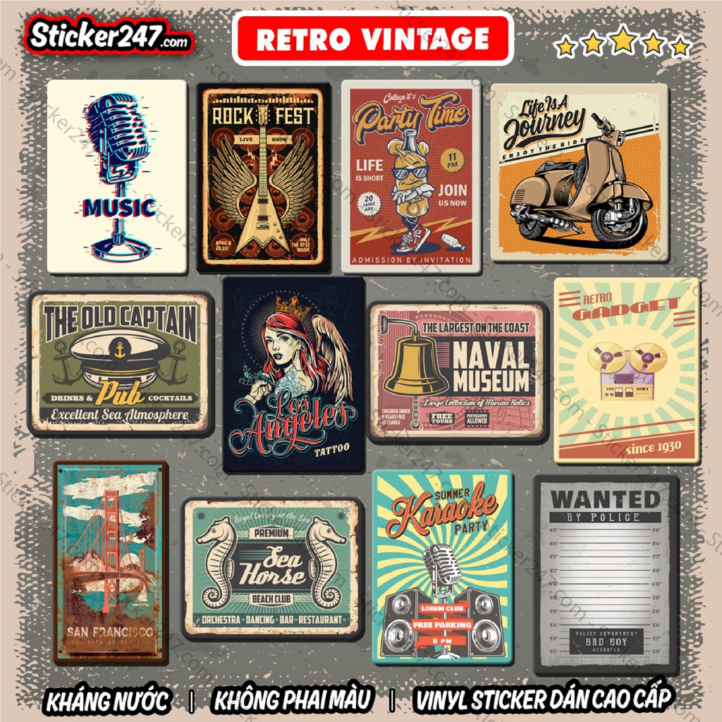 Sticker Vintage Retro 𝑭𝒓𝒆𝒆𝒔𝒉𝒊𝒑 chống nước, sticker dán laptop, ipad, điện thoại, đàn guitar, mũ bảo hiểm,vali