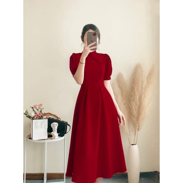 Đầm đỏ tay phồng nút bọc Rubi Dress
