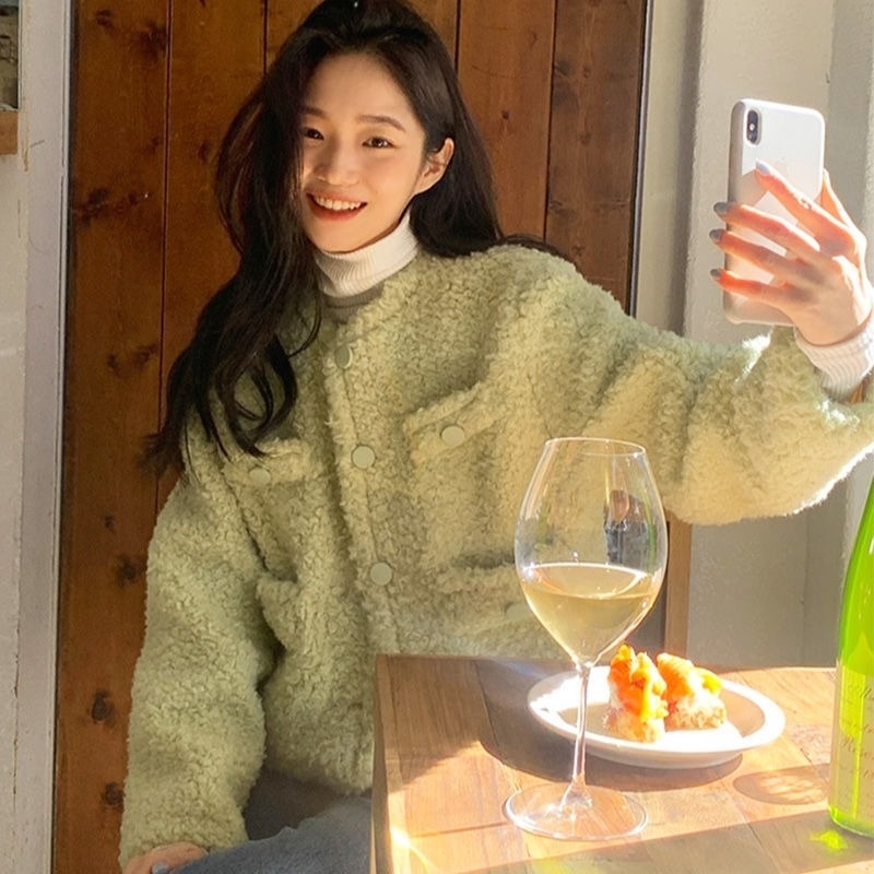 Áo khoác Cardigan vải lông cừu dáng rộng ấm áp thời trang cho nữ