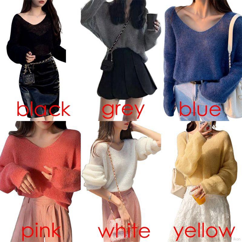 Áo sweater dệt kim cổ chữ V dáng rộng tay dài màu trơn ngọt ngào thời trang dành cho nữ